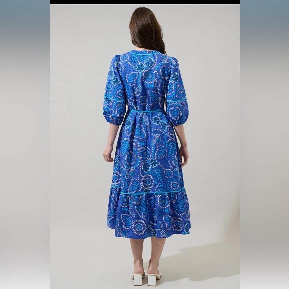 Kenner Floral Melia Shirt Midi Dress Blue Cream Multi - Picture 3 of 10